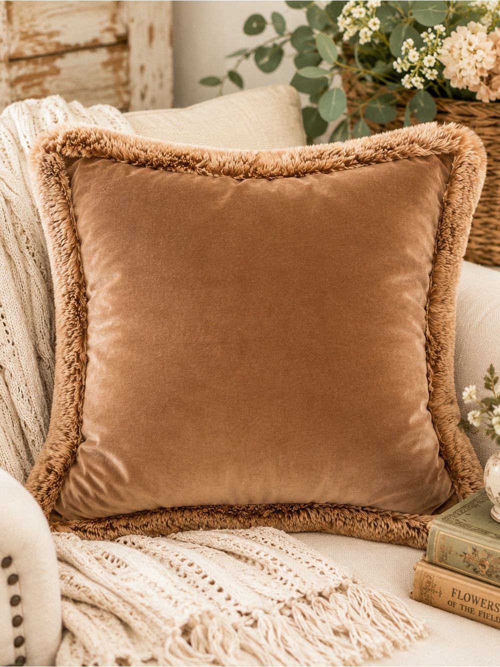 Pottery Barn Pillow Sham Tan Faux Fur Trim